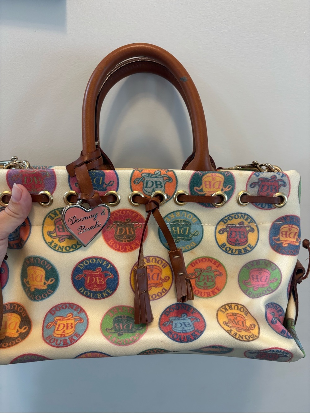 Vintage Dooney & Bourke Multicolor Logo Canvas Satchel with Brown Leather Trim